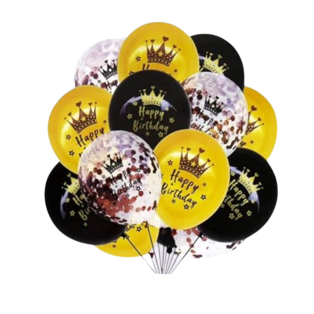 A bunch of 12-inch Happy Birthday printed balloons in black, gold, and silver colors with crown designs and the phrase 'Happy Birthday' printed on them.