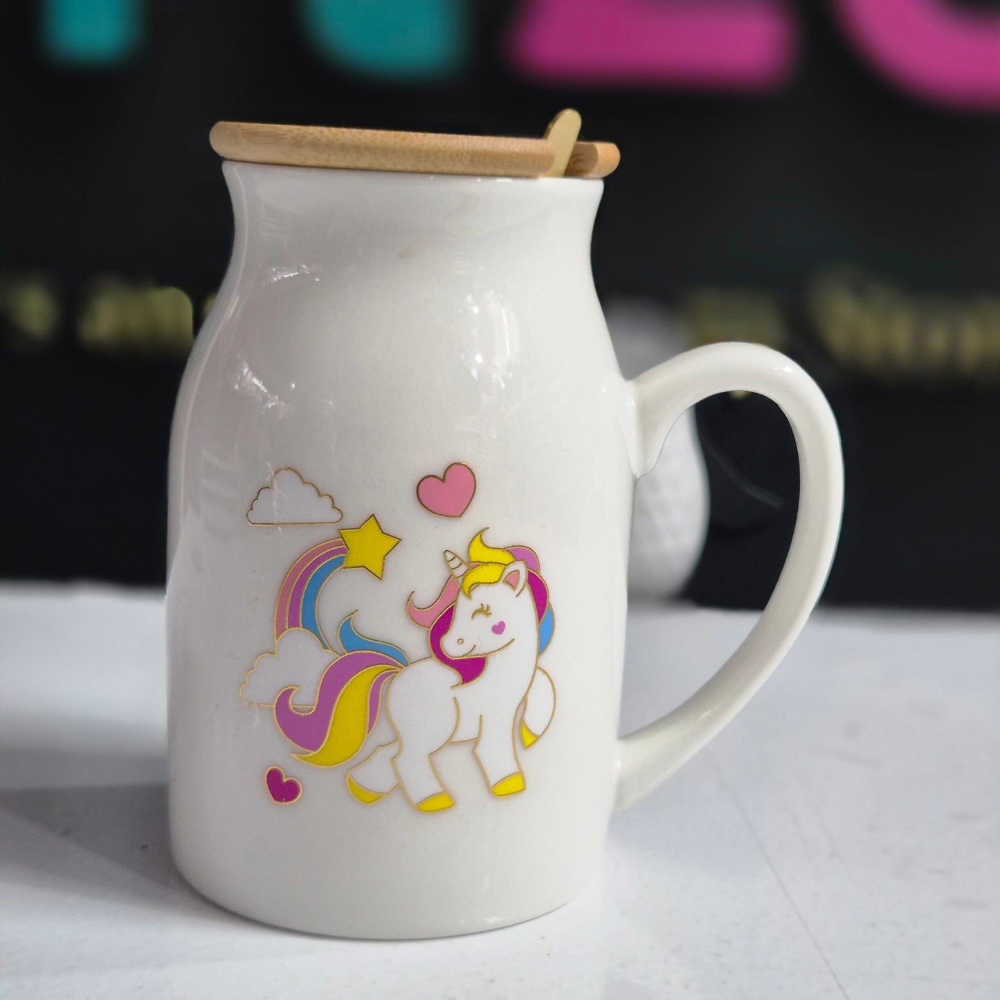 Unicorn Print Ceramic Coffee Mug – White with Wooden Lid & Sleek Spoon | Stylish & Durable
