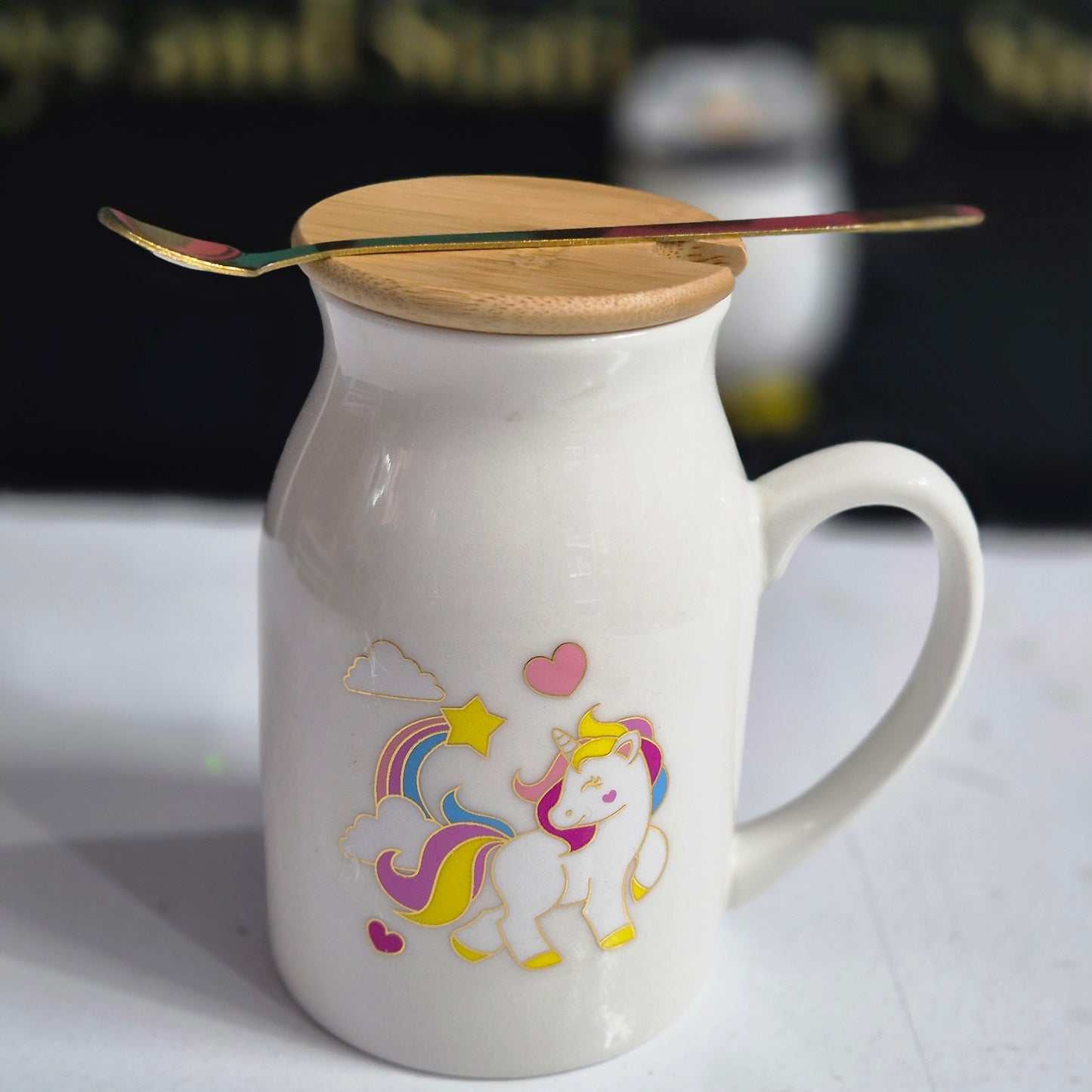Unicorn Print Ceramic Coffee Mug – White with Wooden Lid & Sleek Spoon | Stylish & Durable