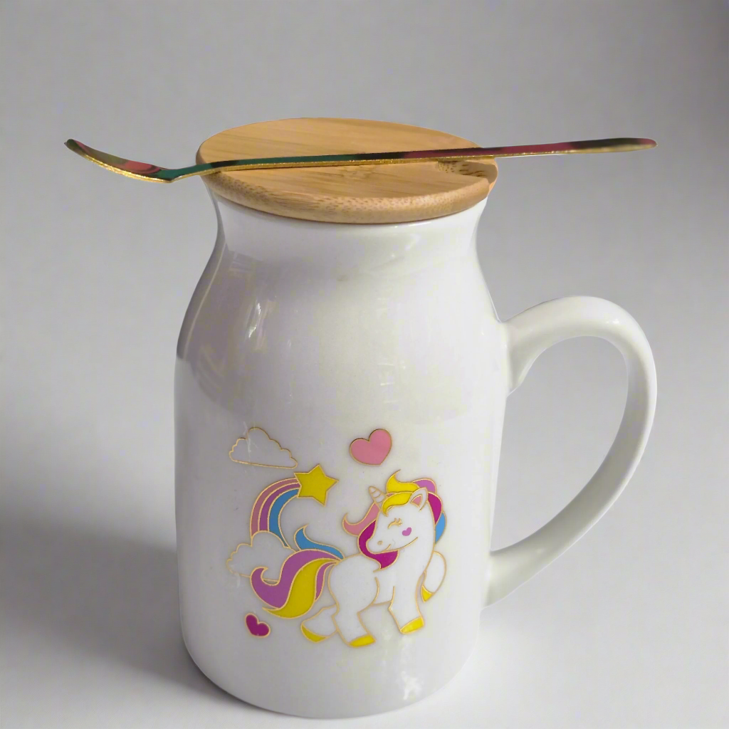 Unicorn Print Ceramic Coffee Mug – White with Wooden Lid & Sleek Spoon | Stylish & Durable