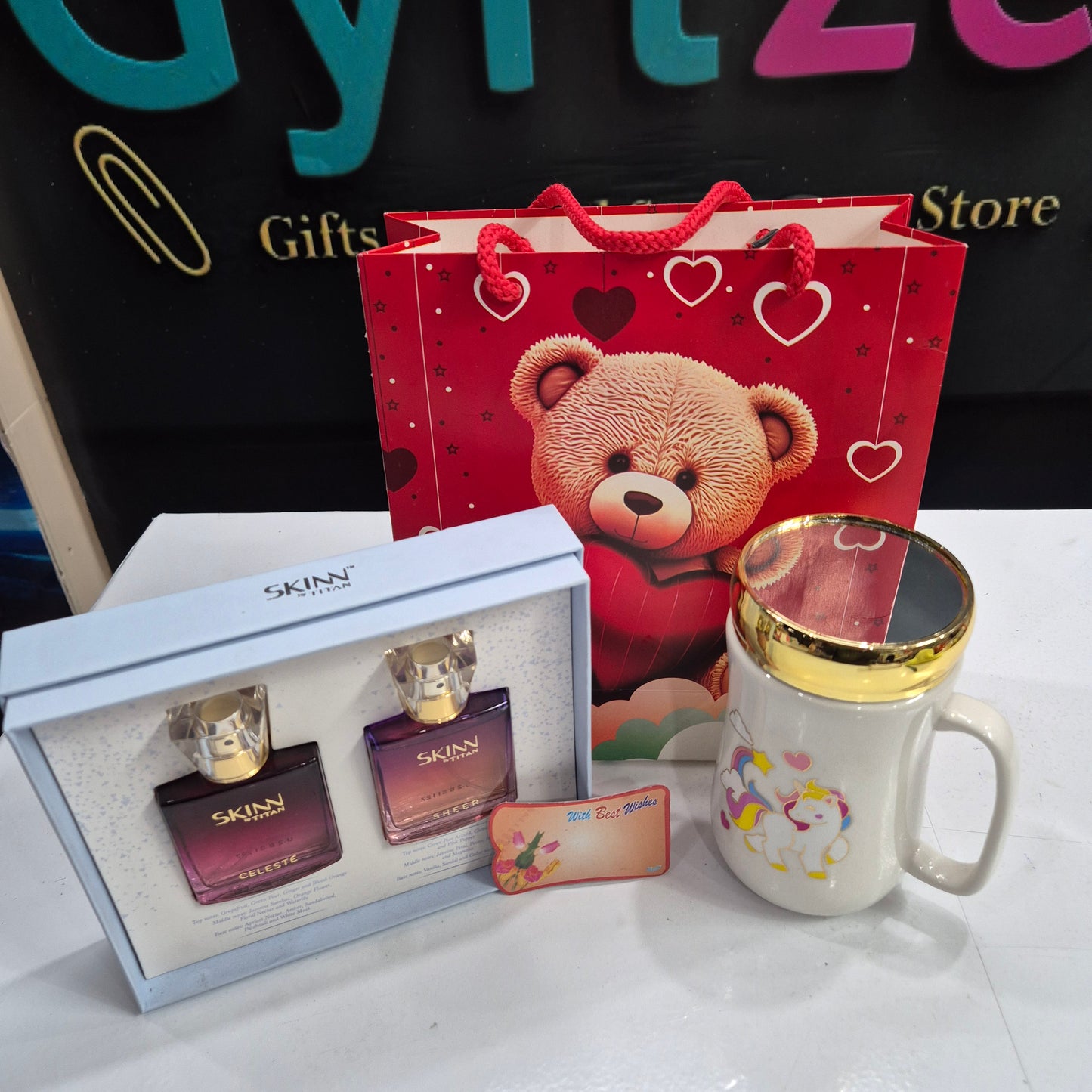 Women's Day Gift Combo – SKINN Perfume Hamper & Cute Coffee Mug | Free Gift