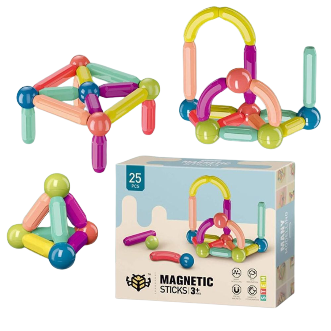 A set of multicolored magnetic building sticks and balls, packaged in a box showing the toys arranged in various 3D shapes.