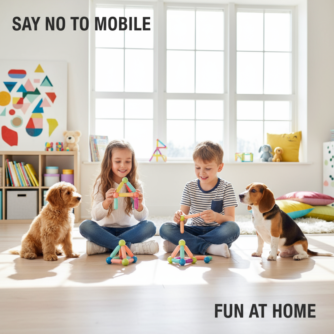 Children playing with toys in a room with dogs, with text 'SAY NO TO MOBILE' and 'FUN AT HOME'.