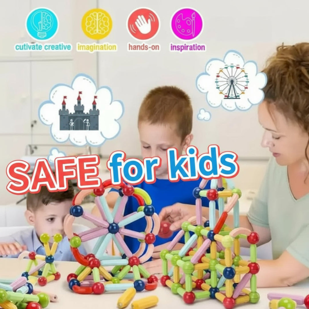 Children playing with colorful building toys on a table, with text indicating safety for kids.