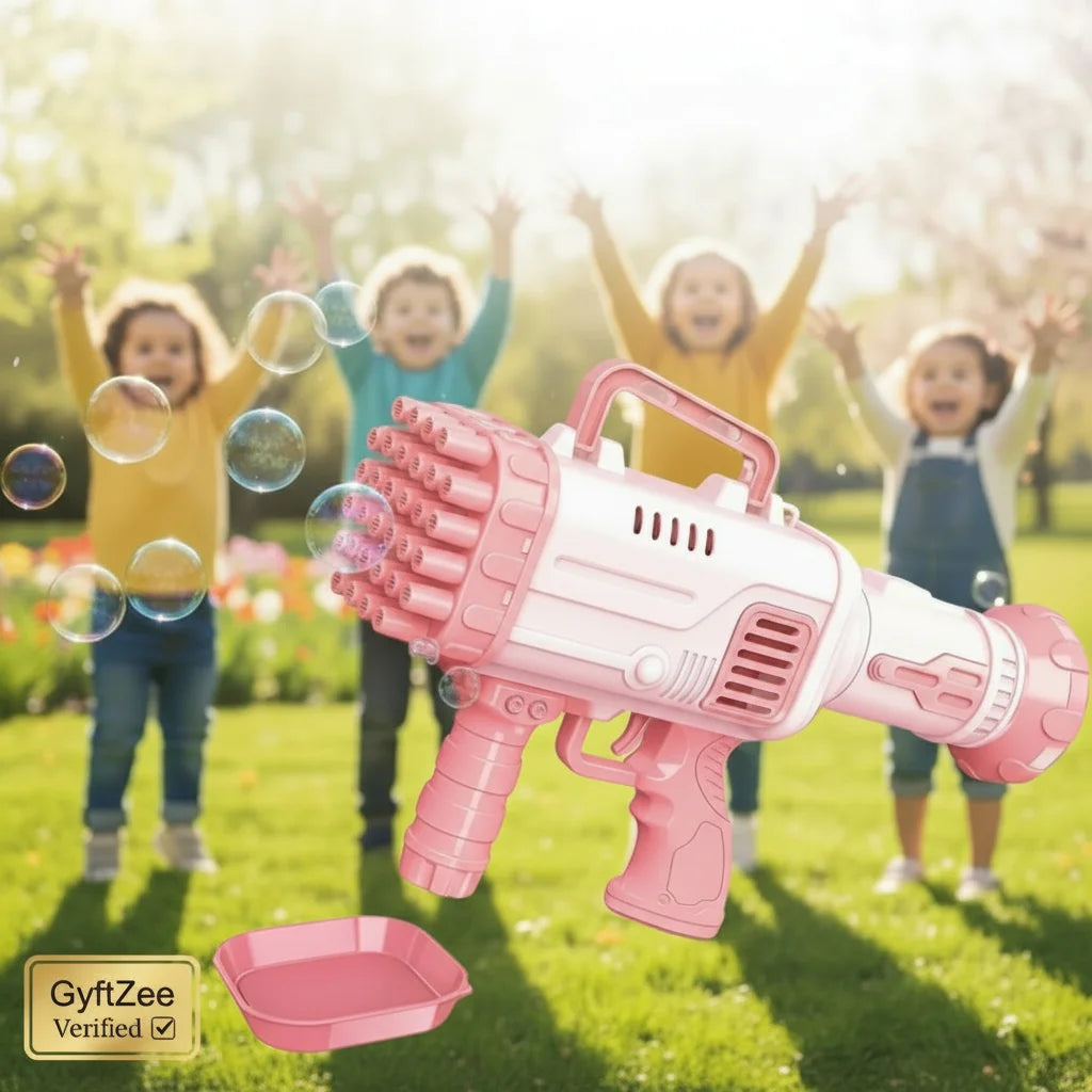 Pink bubble gun with children playing in the background