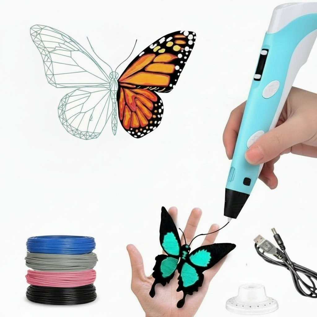 3D printing pen with colorful filament spools and butterfly models on a white background