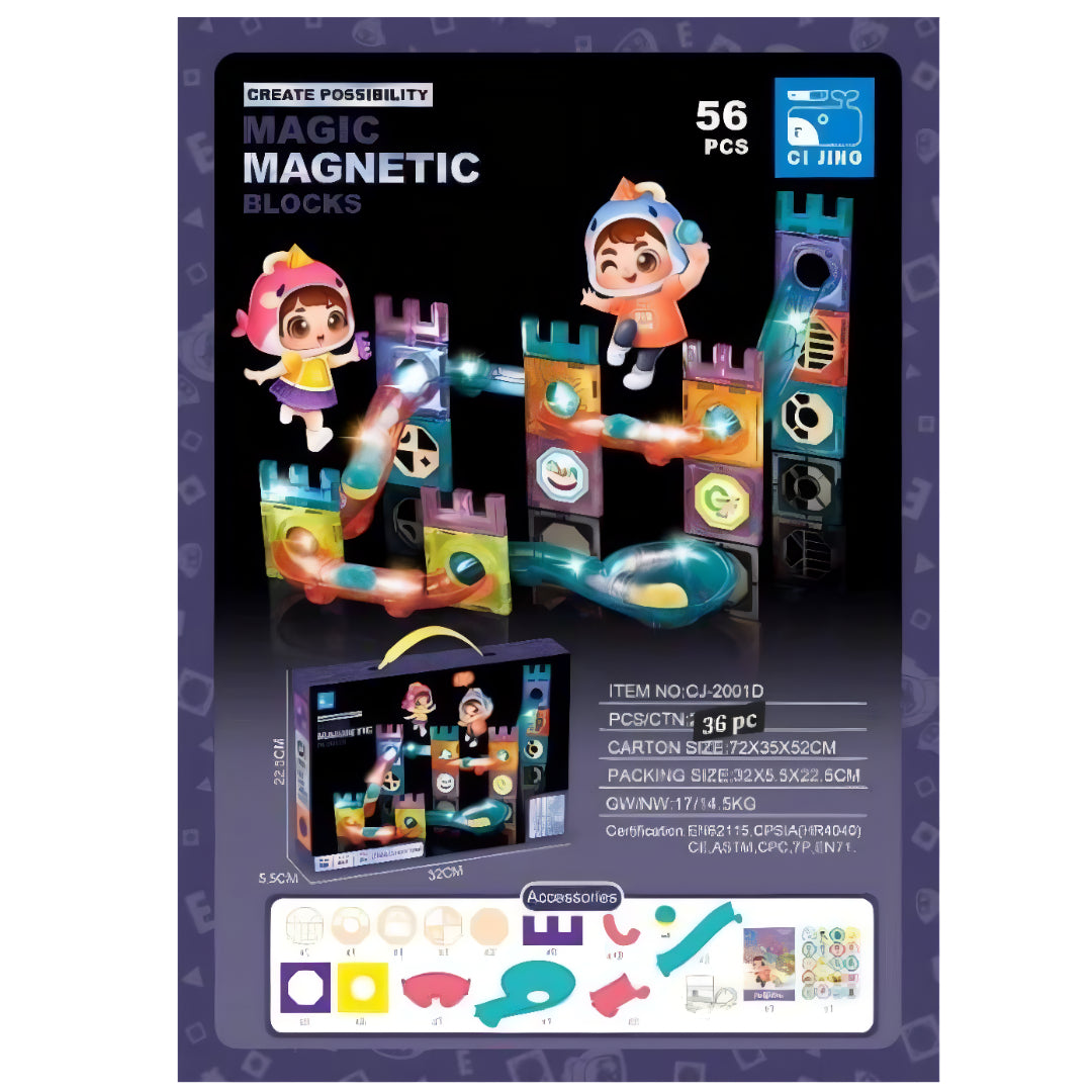 (56 Piece) Light Magnetic Tiles – 3D Educational Building Blocks for Kids