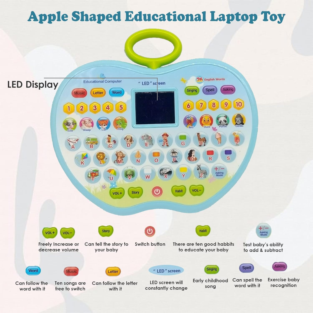Apple-Shaped Learning Laptop Toy for Kids | LED Display, Music, Alphabets, Numbers, Animals