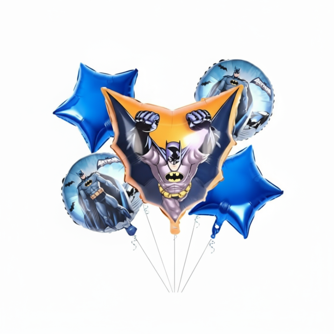 A set of balloons featuring a superhero character in blue and orange colors with four additional blue star-shaped balloons.