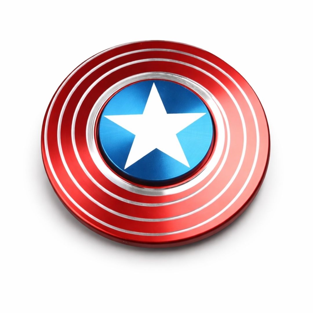 Fidget spinner with Captain America shield design on a white background
