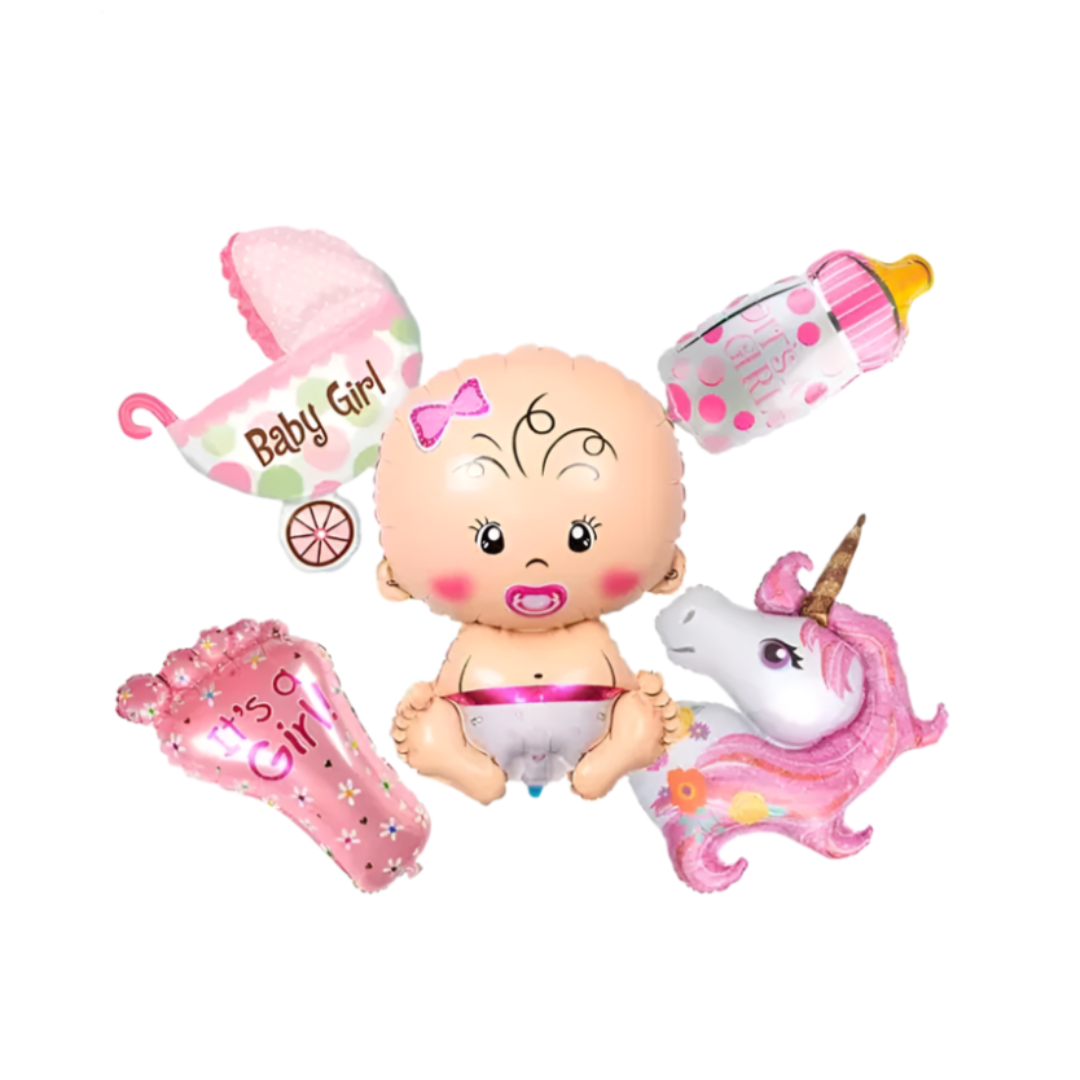 A set of 5 assorted baby girl-themed balloons including designs of a baby girl, a unicorn, a stroller, and bottles, predominantly in pink colors.