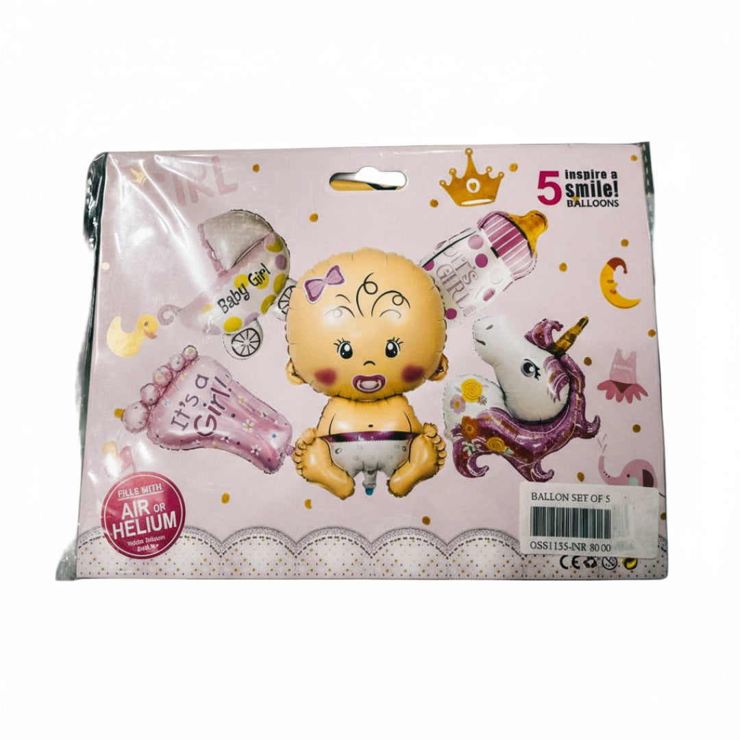 Packaging of 5 Inspire Smile Balloons for Baby Girls featuring cute designs with a baby, a unicorn, and other related party elements.