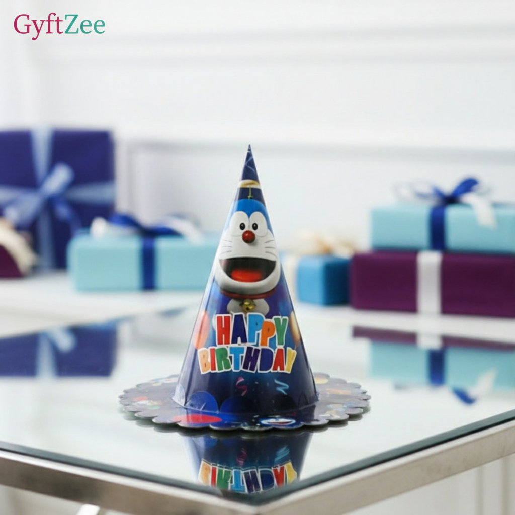 Birthday party hat with cartoon character on a glass table with blurred gift boxes in the background