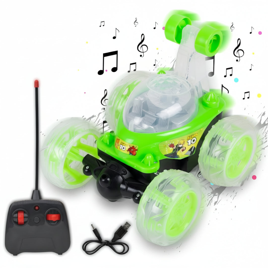 A green rechargeable remote control stunt car with a transparent dome on the top and four wheels, accompanied by a black remote controller and a USB charging cable.