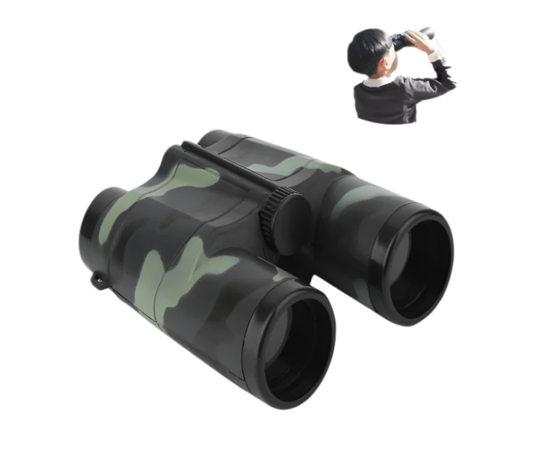 Compact Army Style Binoculars Toy with camouflage pattern, shown in use by a child.