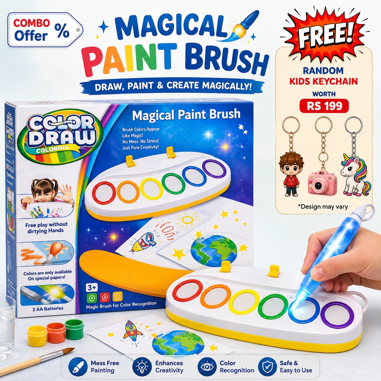 Color Draw Magical Paint Brush set with packaging and a hand holding the brush.