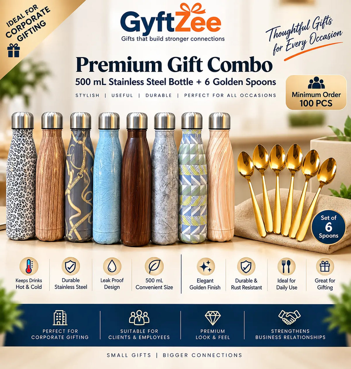 Corporate gift combo with a 500 mL stainless steel bottle and six golden-finish spoons