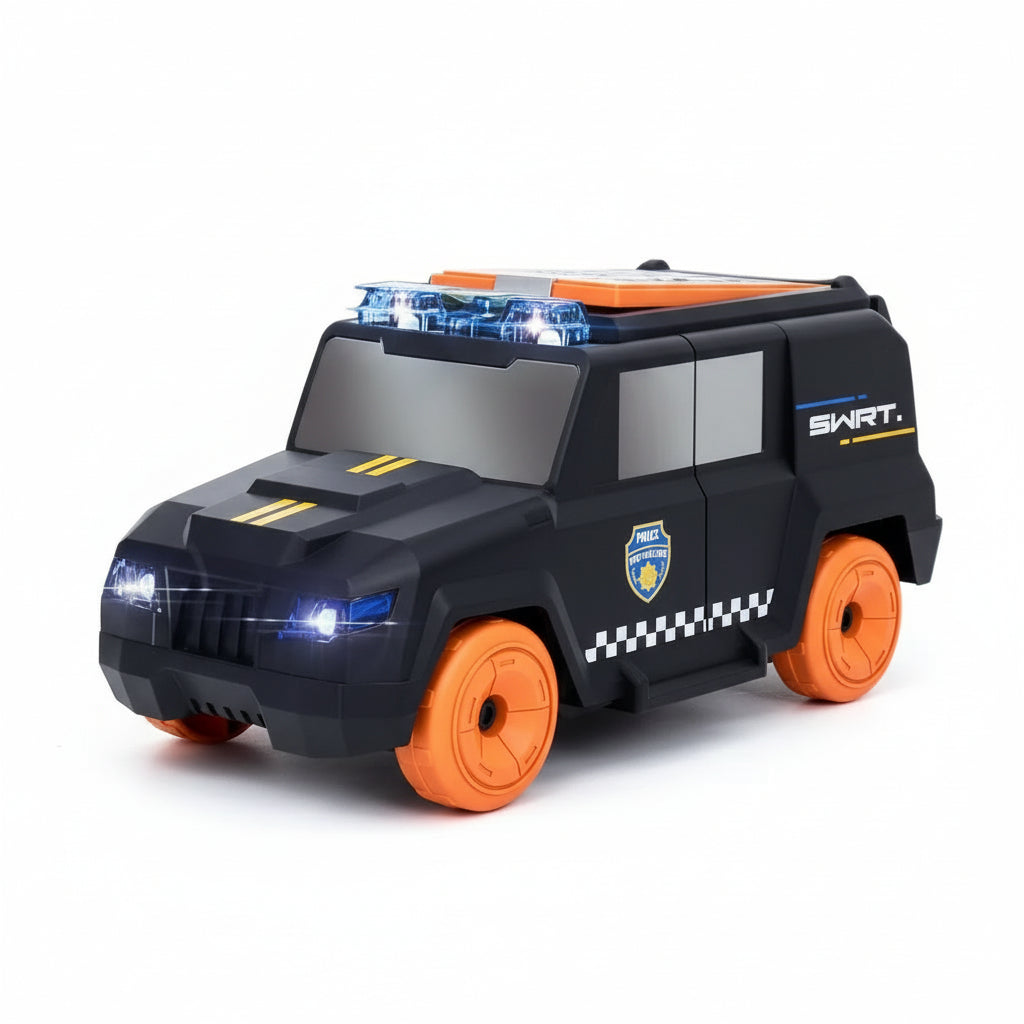 A black toy vehicle resembling a car with a stylized design, featuring bright orange wheels, blue lights, and a 'CA$H' theme with money graphics in the background.
