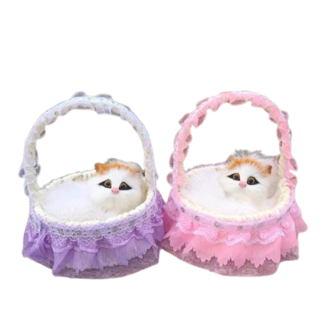 Mini Kitten in Basket – Cute Cat Doll & Decorative Gift