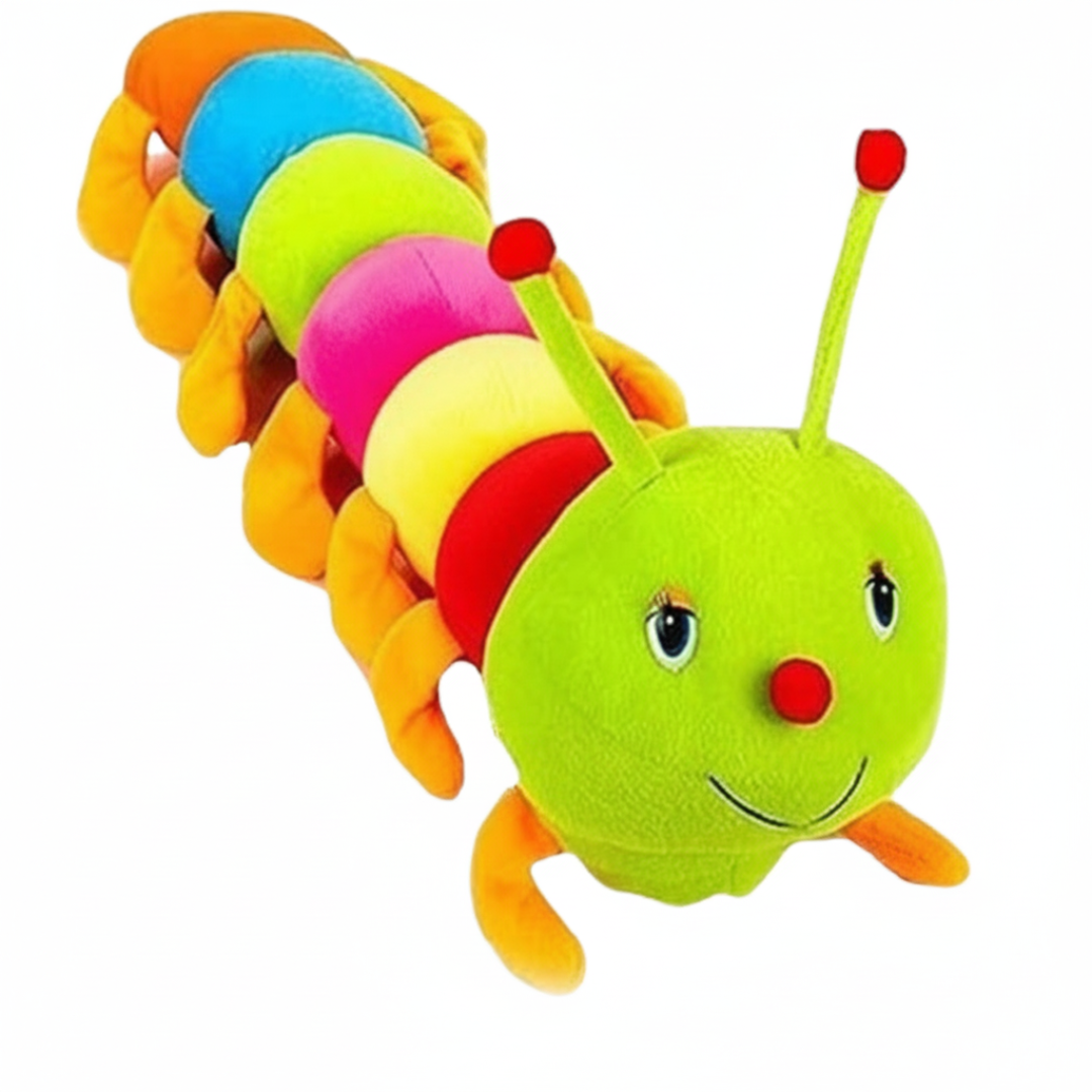 A colorful plush caterpillar soft toy with multiple segments in different colors, with a smiling face and red antennae.