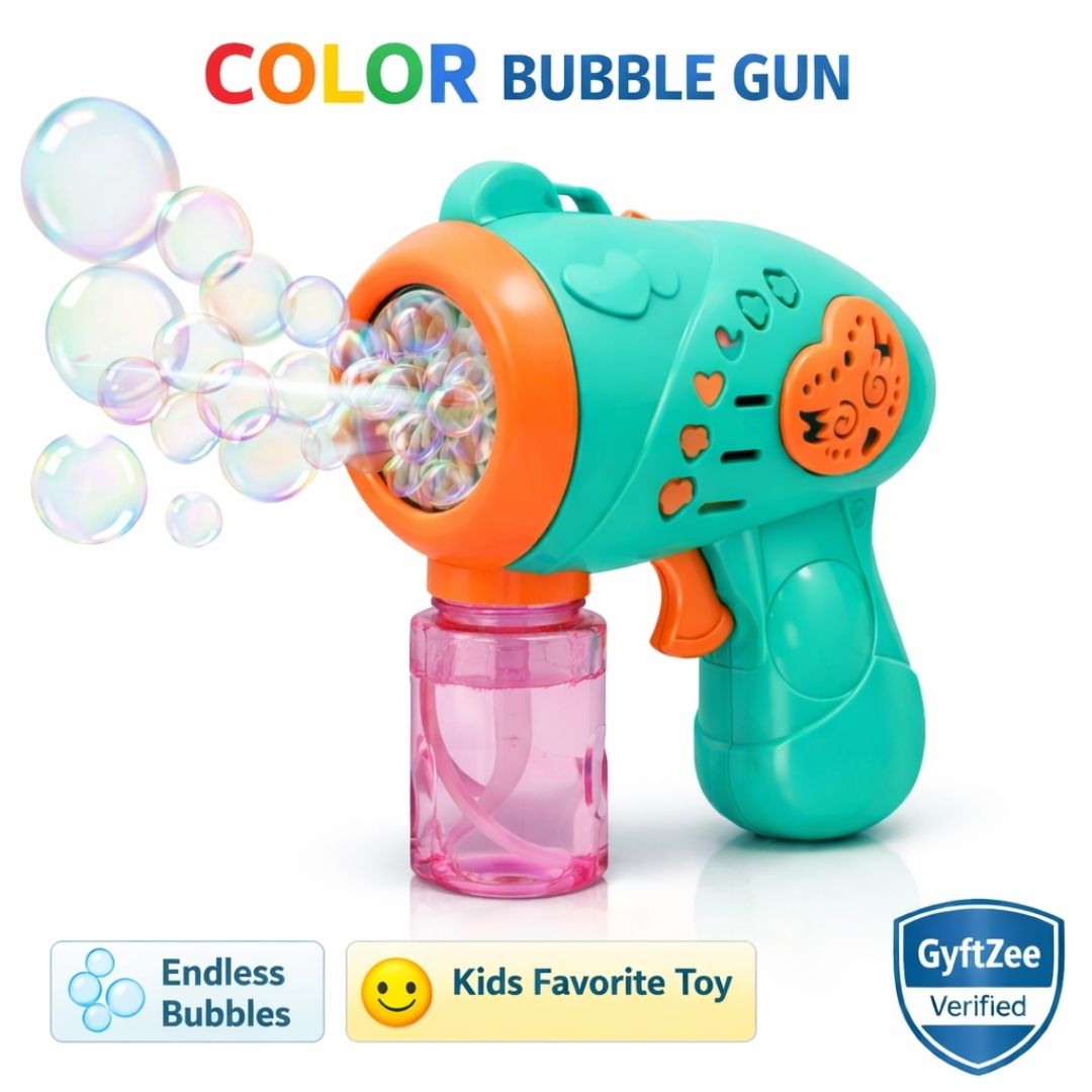 Color bubble gun with bubbles on a white background, featuring GyftZee verification.