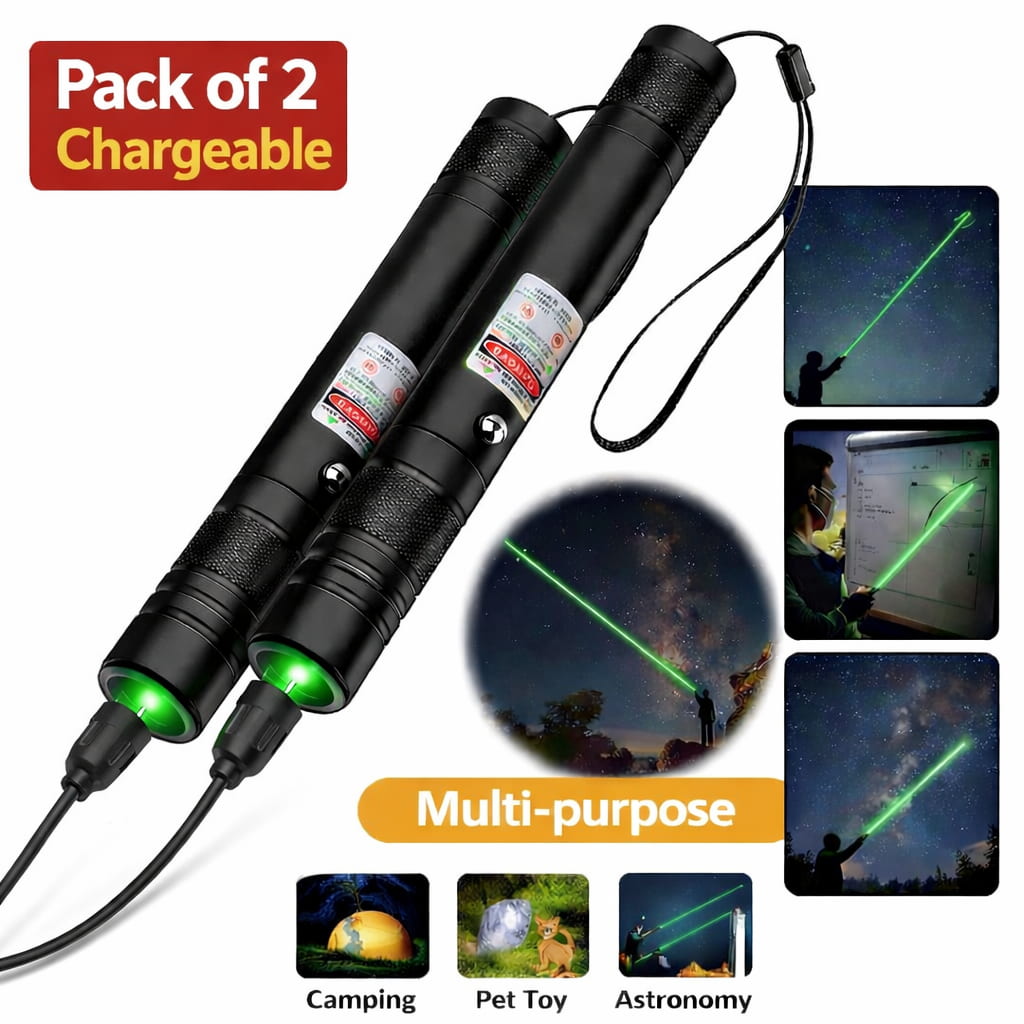 Two black laser pointers with green beams, charging cable, and usage examples on a white background.