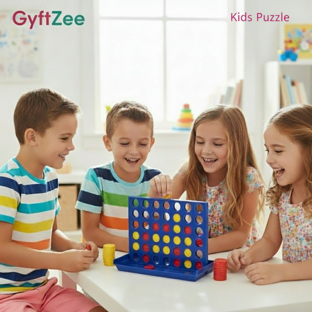 Children playing with a colorful puzzle toy called GyftZee Kids Puzzle in a bright classroom setting.