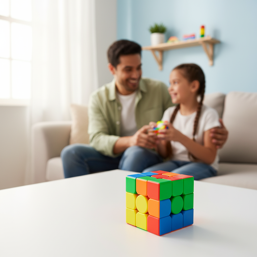 Man and young girl playing with a Rubik's Cube on a table in a living room.