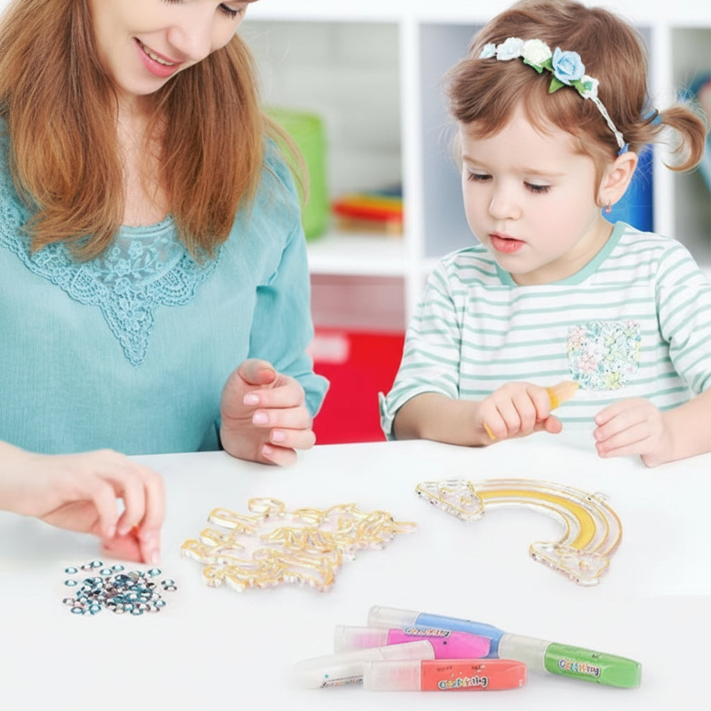 Woman and child engaging in a craft activity with decorative items on a table.