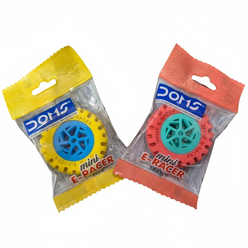 Two DOMS tyre-shaped erasers in blue and red colors, packaged in yellow and orange wrappers.