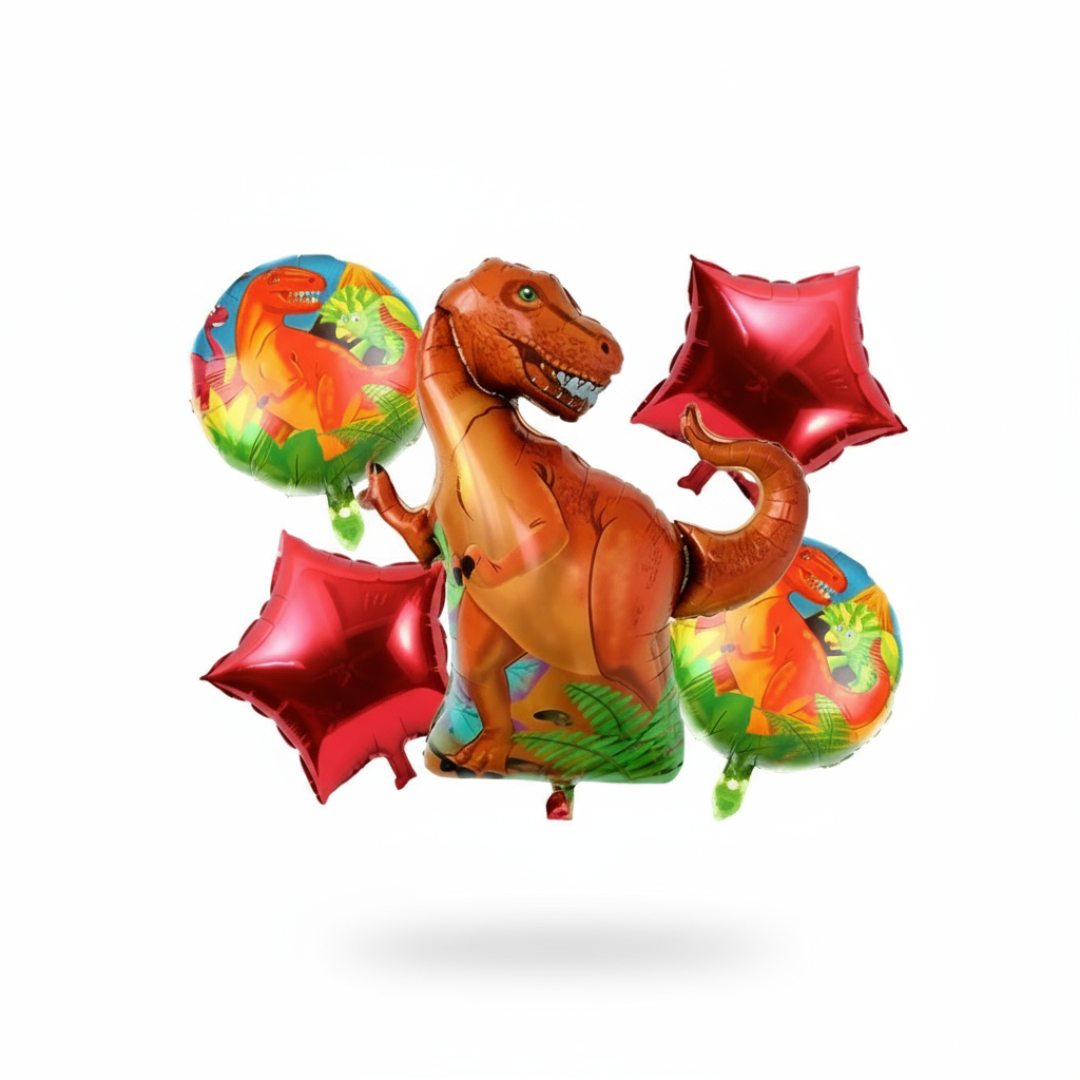 A set of colorful character balloons, featuring dinosaur designs, to be used as party decorations.