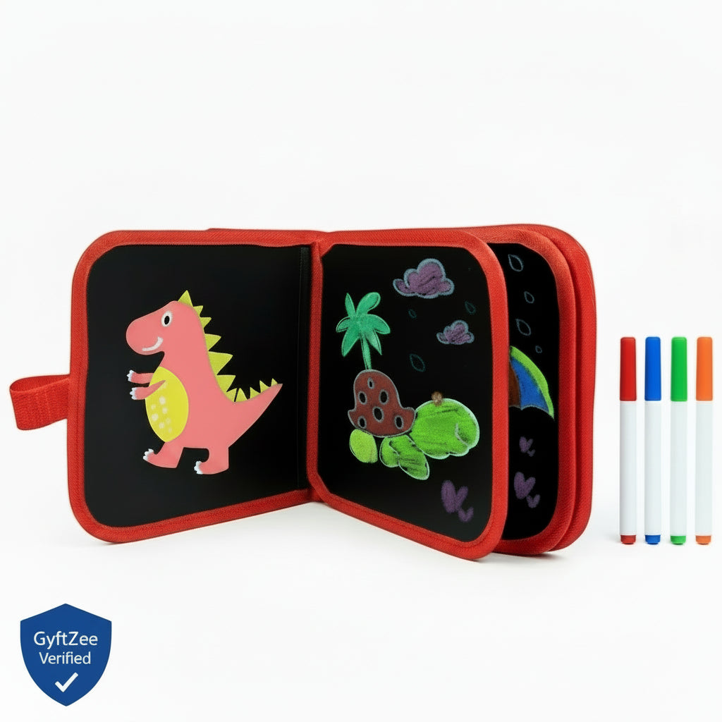 Erasable doodle book for kids with children using it, featuring a GyftZee verification badge.