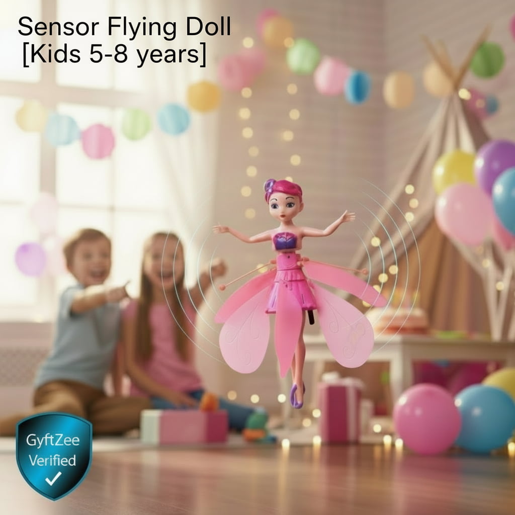Sensor flying doll for kids with children in the background and balloons.