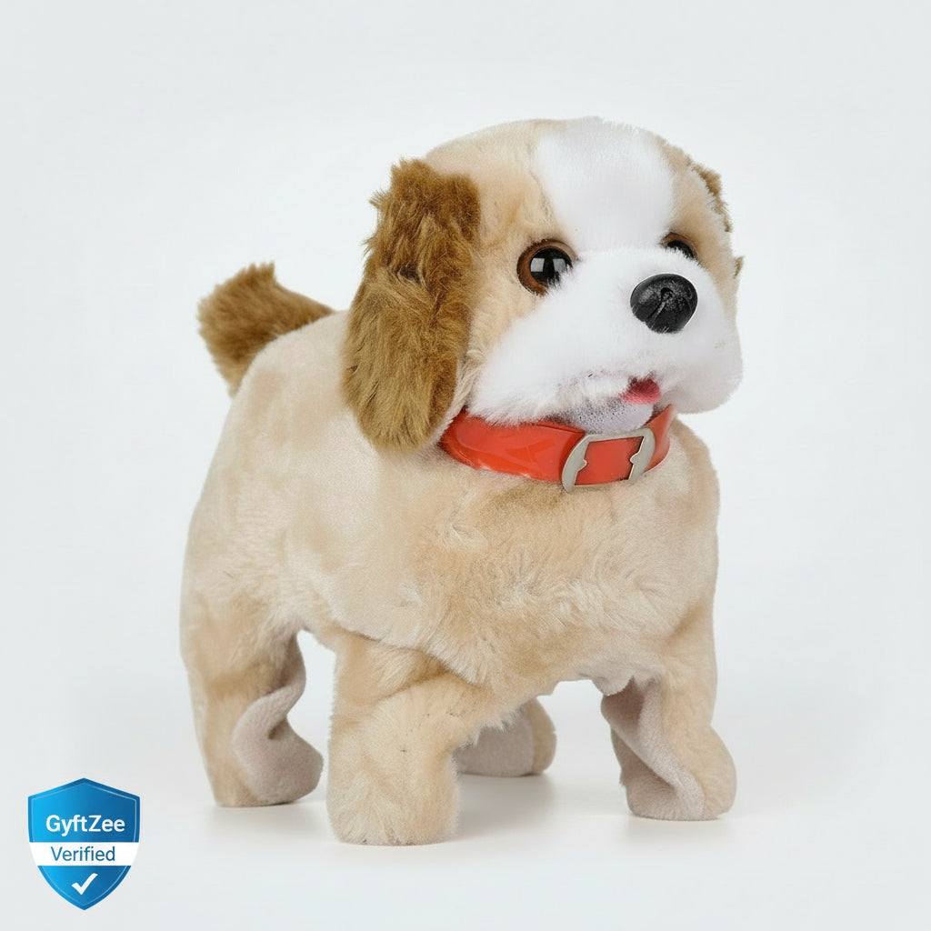 Plush toy dog with a red collar on a white background