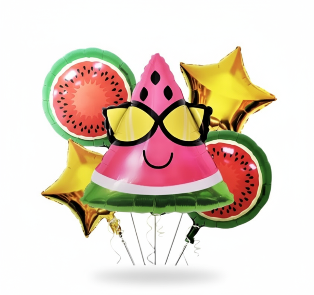 A set of colorful balloons featuring fruit character designs, including a watermelon slice with glasses and a star balloon.
