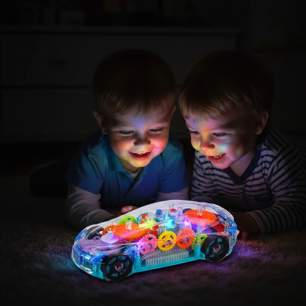 Two children playing with a colorful toy car in the dark, illuminated by the toy.