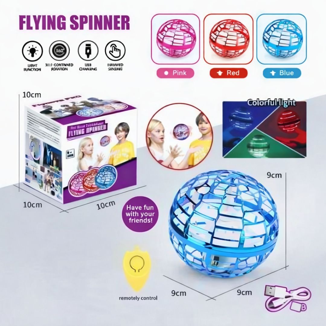 Flying spinner toy with packaging, color options, and features on a white background