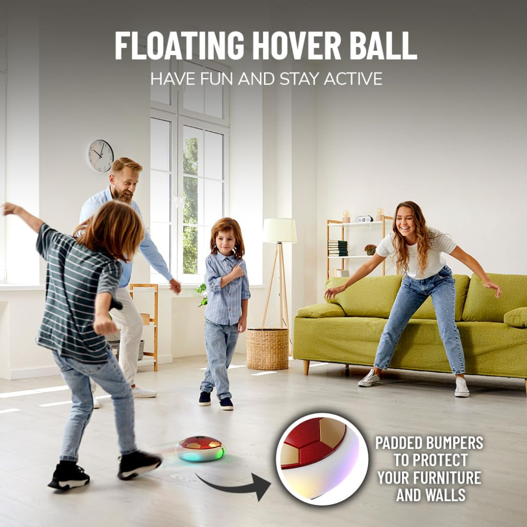 Family playing with a floating hover ball in a living room.