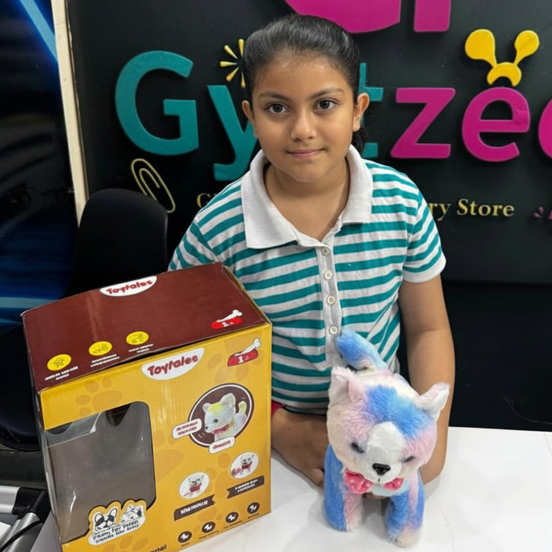 Child with a toy and packaging in front of a GYOTZEE store sign