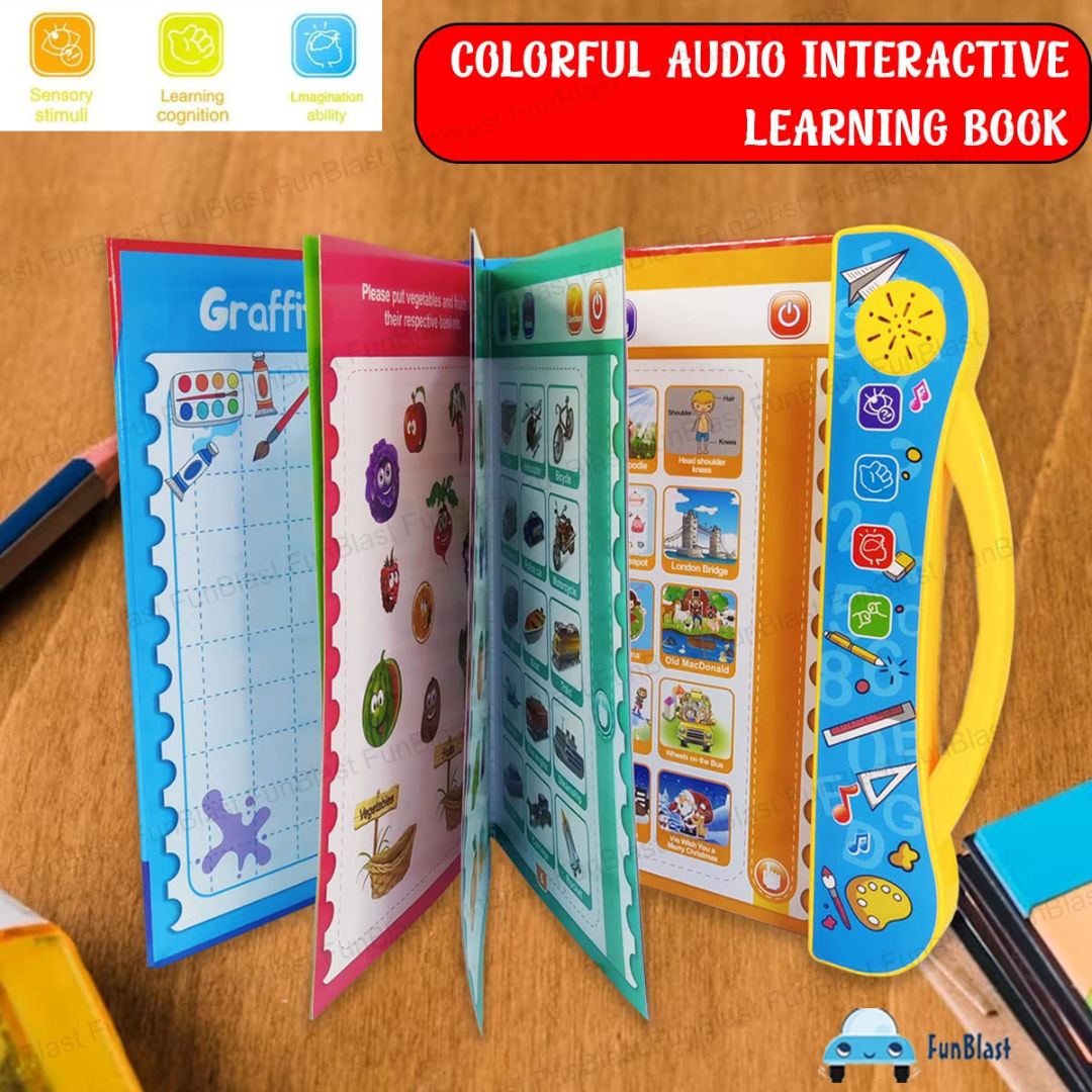 Colorful audio interactive learning book on a wooden surface with visible brand logo.