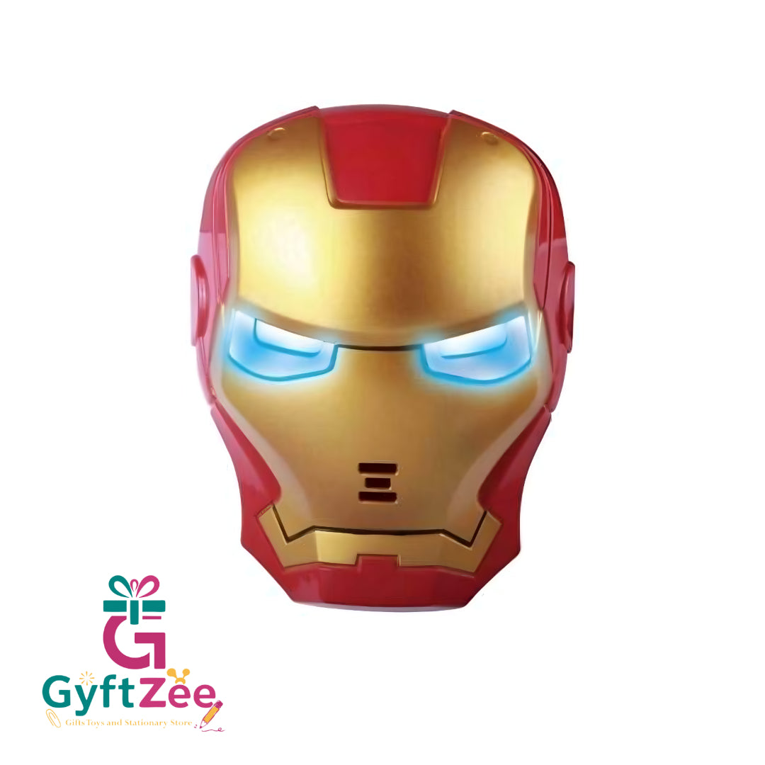 A red and gold Iron Man-themed mask with blue LED lights, designed for kids.