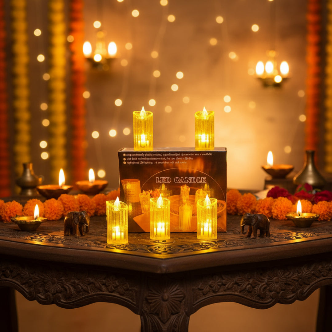A set of smokeless LED candles in a transparent look, displayed in a box, with the GYFTZEE logo visible on the packaging.