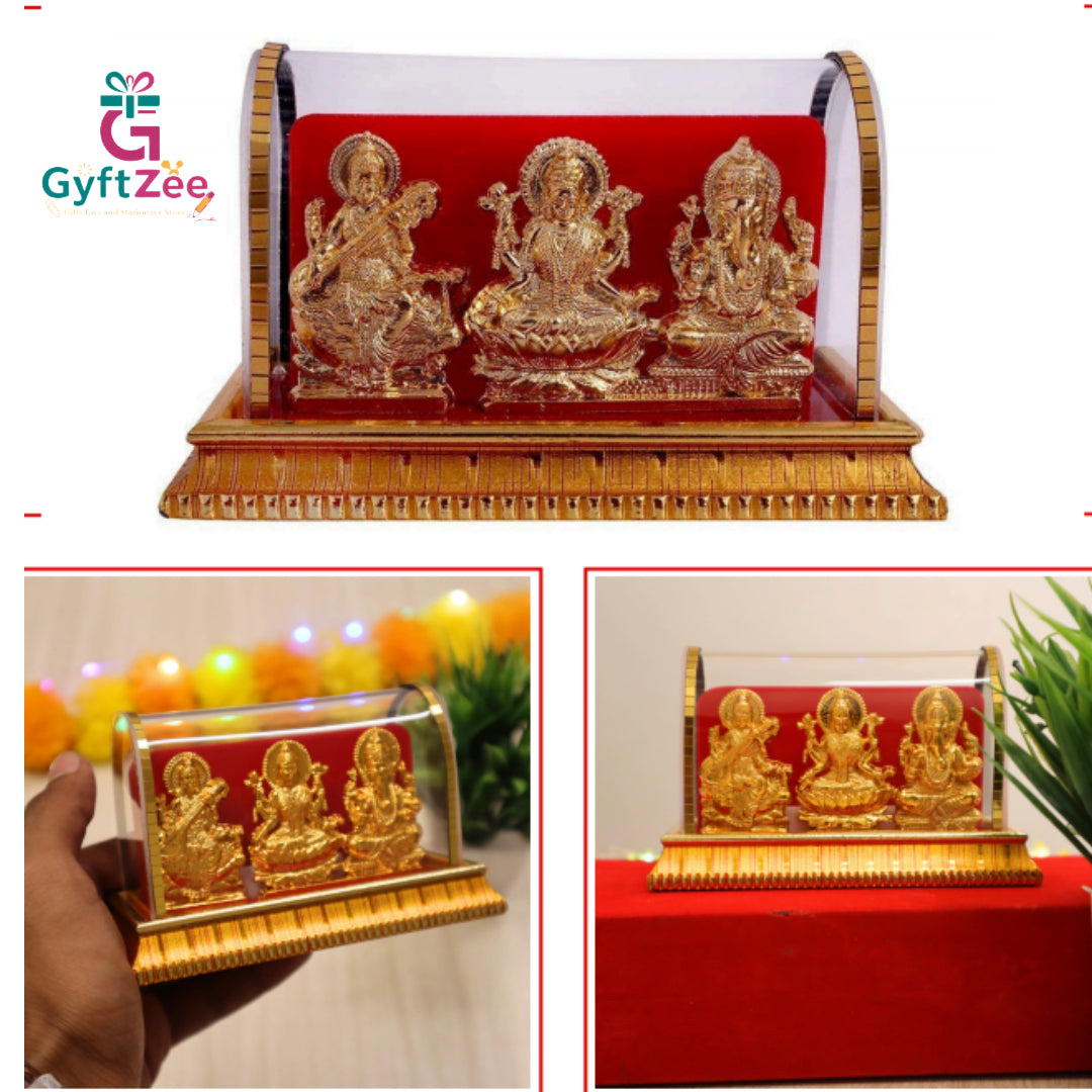 Acrylic Gold Plated Ganesh Laxmi and Saraswati Idol – Divine Trio for Diwali Blessings