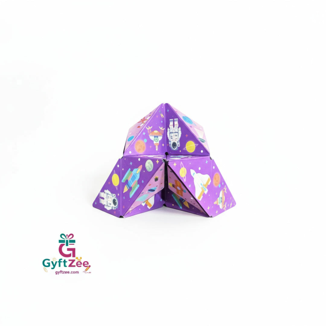 Purple origami fortune teller with space-themed designs on a purple background, featuring the Gyftzee brand.