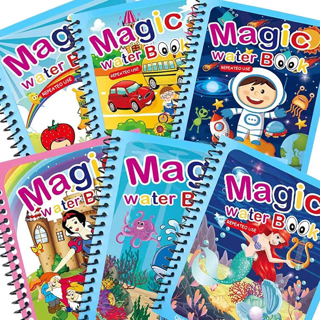 Set of colorful 'Magic Water Book' with various themes on a white background
