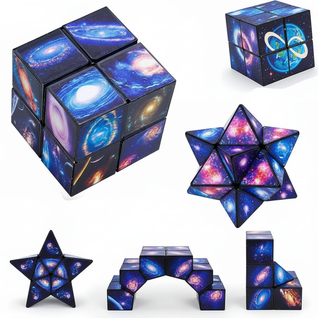 Set of interlocking geometric shapes with galaxy-themed designs on a white background