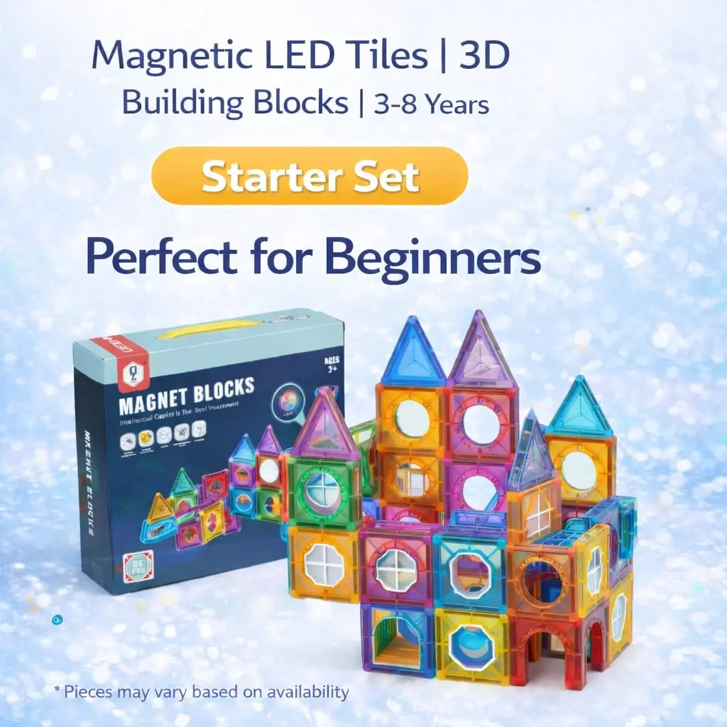 Colorful magnetic LED tiles building blocks with packaging on a light blue background