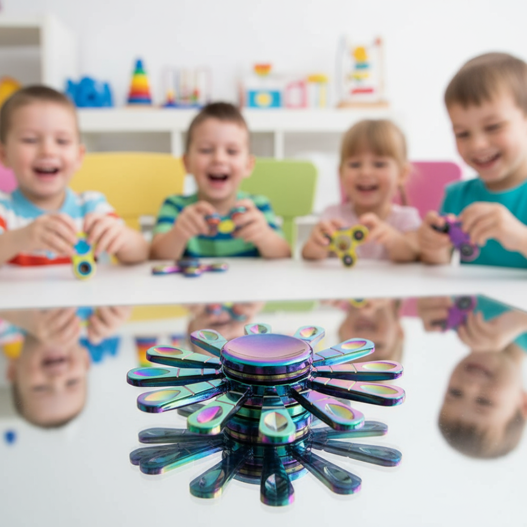 Children playing with colorful fidget spinners in a classroom setting