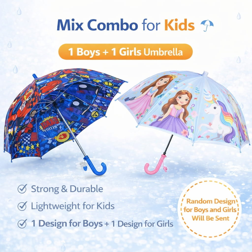 Two children's umbrellas, one with a colorful design and the other with a princess and unicorn design, on a light blue background.
