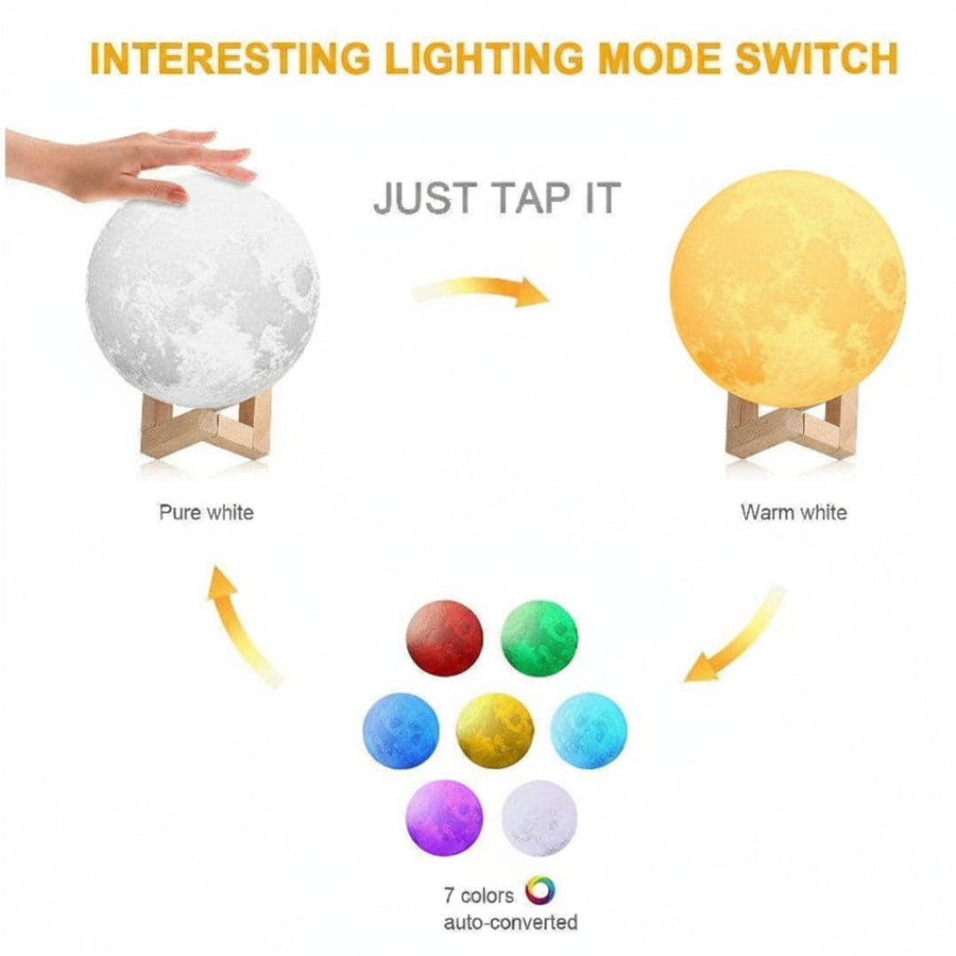 Moon lamp with different lighting modes and color options on a white background